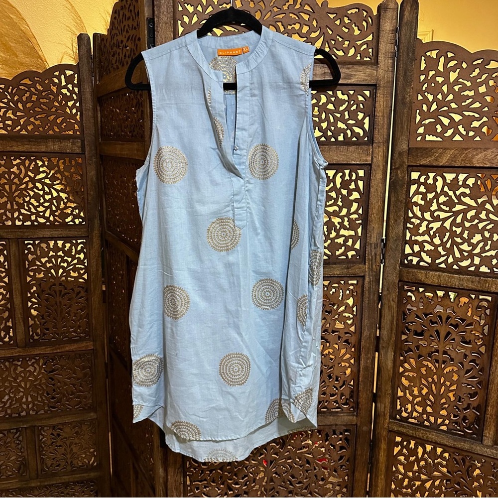 Oliphant blue gold medallion print sleeveless dress